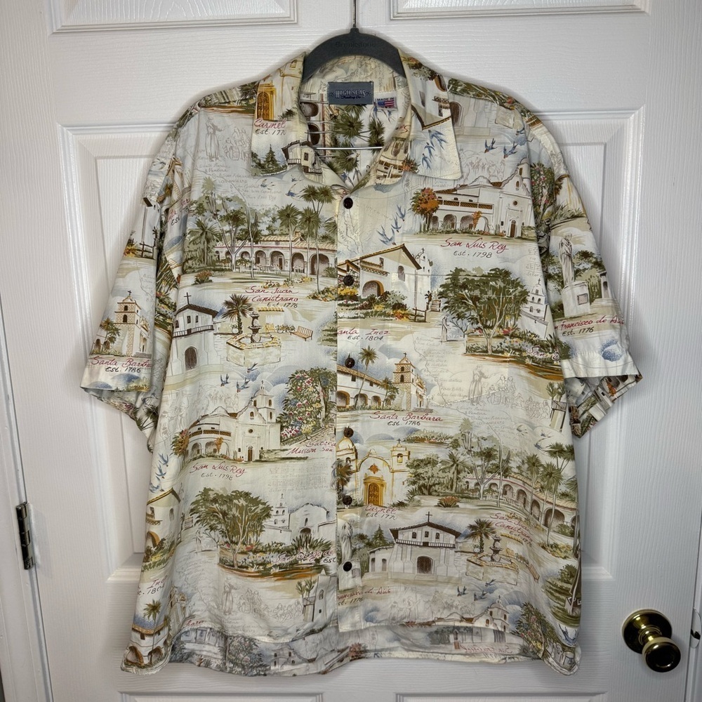 High Seas Trading Co Vintage Mens California Tropical Scene Button Down Size XL